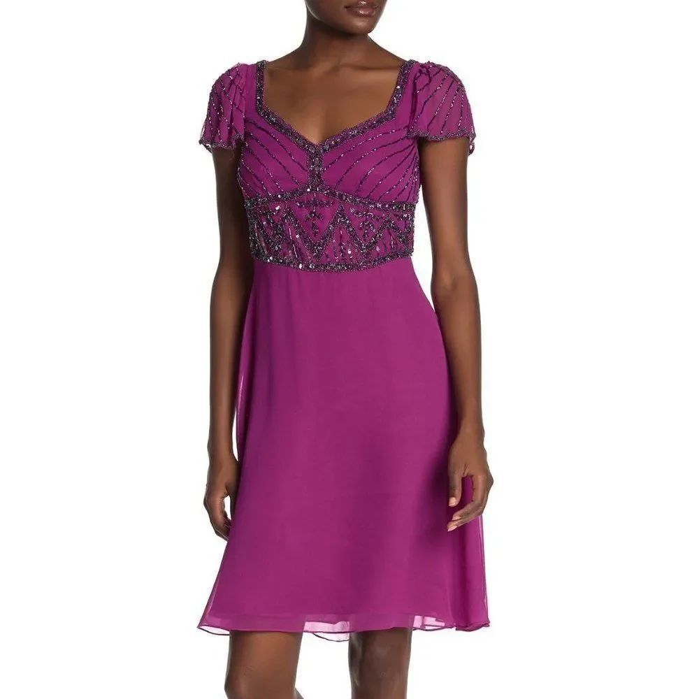 Marina Cap Sleeve Chiffon Beaded Dress size 14 in Magenta Purple - NEW